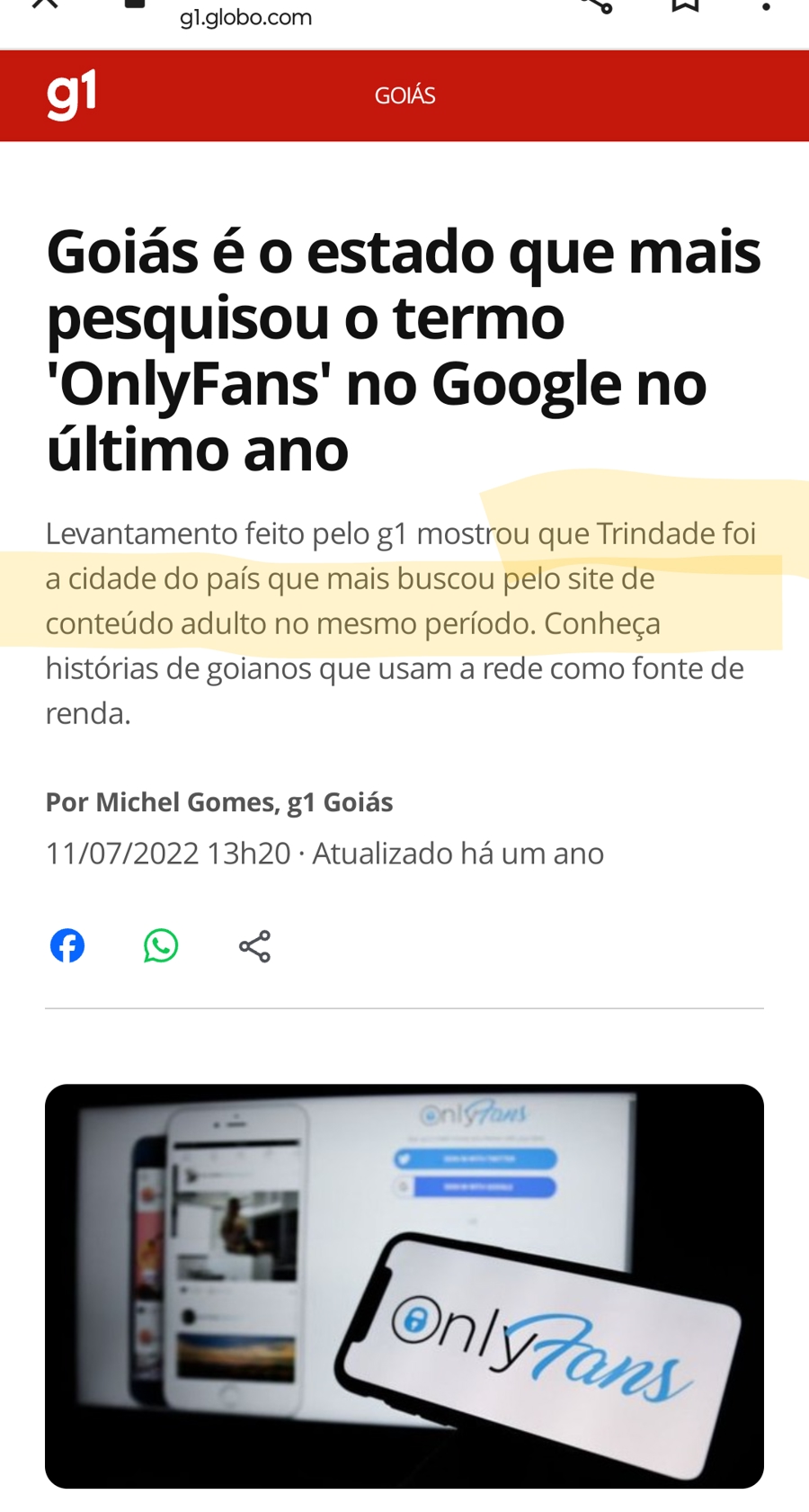 Goiás é o Estado que mais pesquisou o termo "onlyfans"
