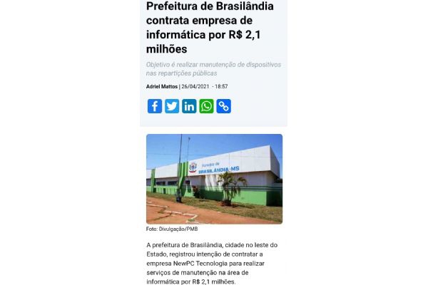 Prefeitura de Brasilândia/MS, contrata empresa para manutenção de informática em 9 escolas